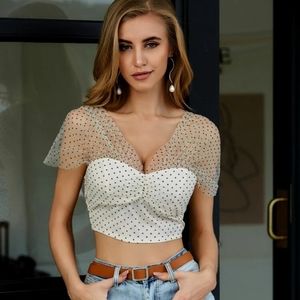 RUCHED BUST POLKA DOT MESH CROP TOP